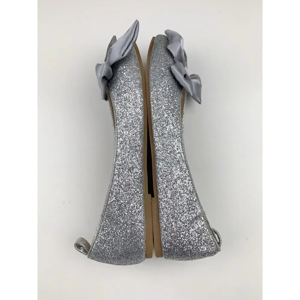 Joyfolie Silver Glitter Penny Flats Slip On Dress Shoes Satin Bow Youth Girls 3